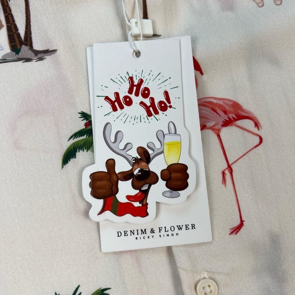 Christmas Holiday Shirt Beach Flamingos Mens MEDIUM Denim & Flower Ricky Singh - Picture 5 of 14